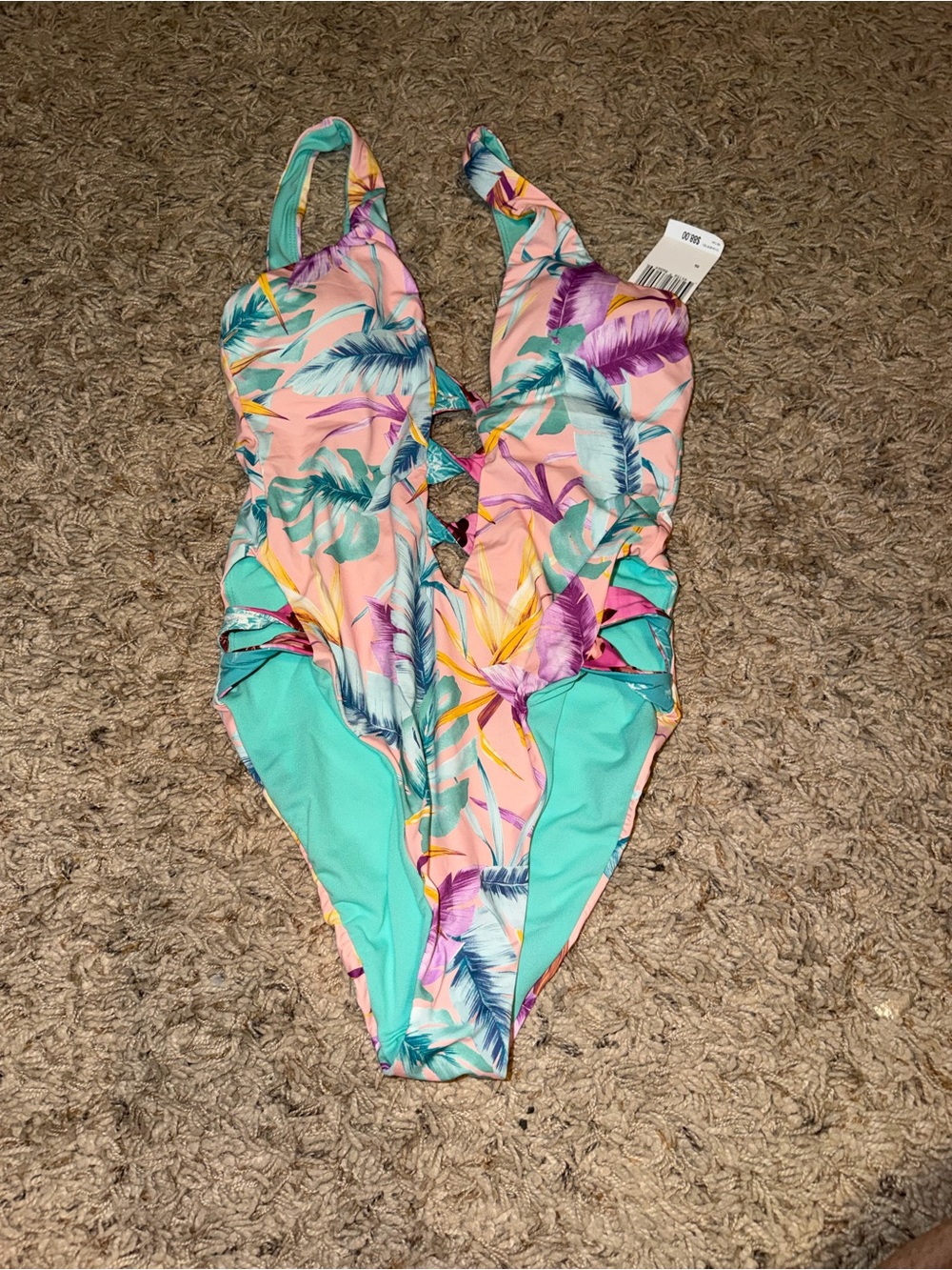 Tropical One-Piece Swimsuit with Cutout - Pink & Teal